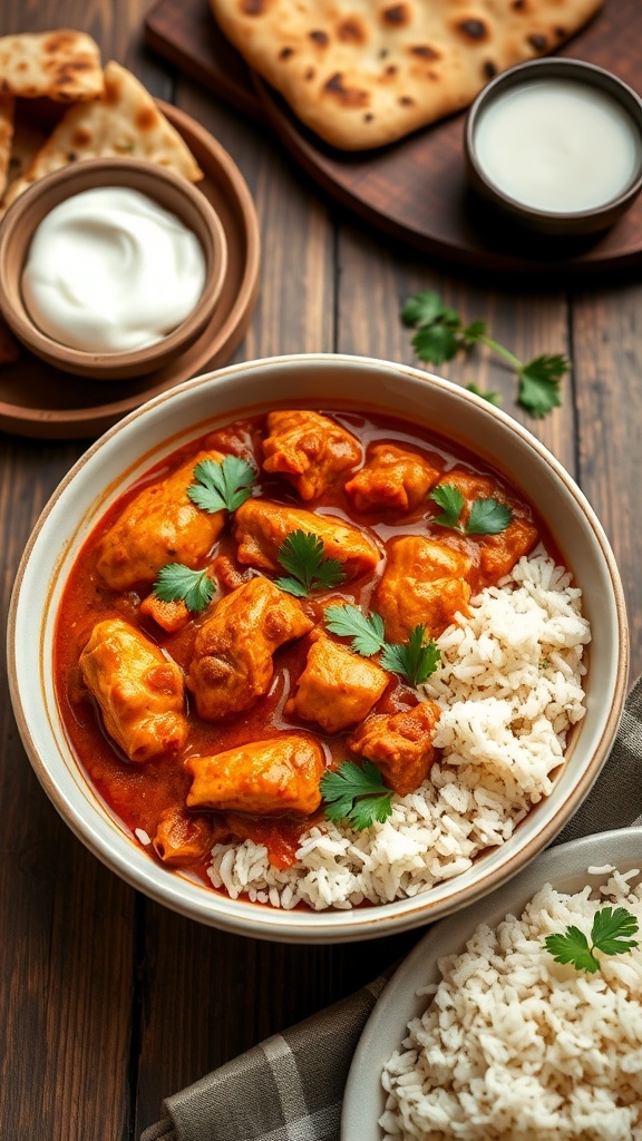 A bowl of spicy chicken curry garnished with cilantro, served with rice and naan on a rustic table.